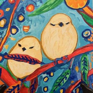 Jennifer Loomer’s colorful canvas framed paintings of birds 12x12” Graphics INC.